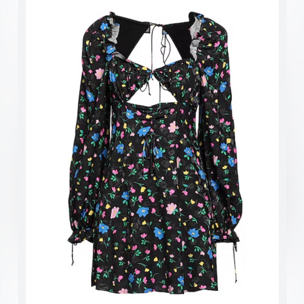 For Love & Lemons Lexy Floral Mini Dress M Cutout Ruched Puff Sleeve Open Back